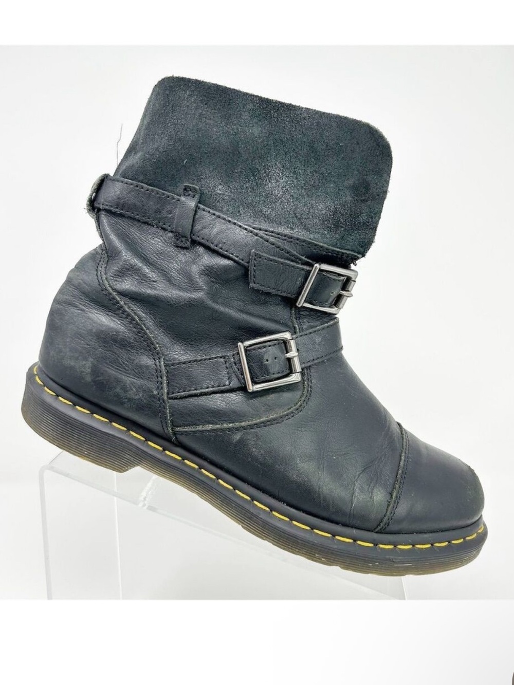 Dr. Martens Kristy Black Leather Sluched Pull Ankle Boots Size 11 Buckles